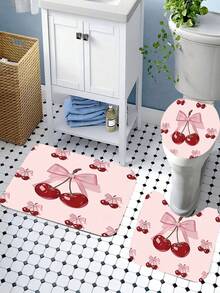 1/4pcs Pink Bow & Cherry Pattern Bathroom Curtain Set, Modern Style Home Decor Printed, Washable, Fashionable Theme, Suitable For All Seasons, Easy Installation - Includes 12 Hooks For Bathroom, Guest Room, Bedroom, Living Room - Multicolor - View 7