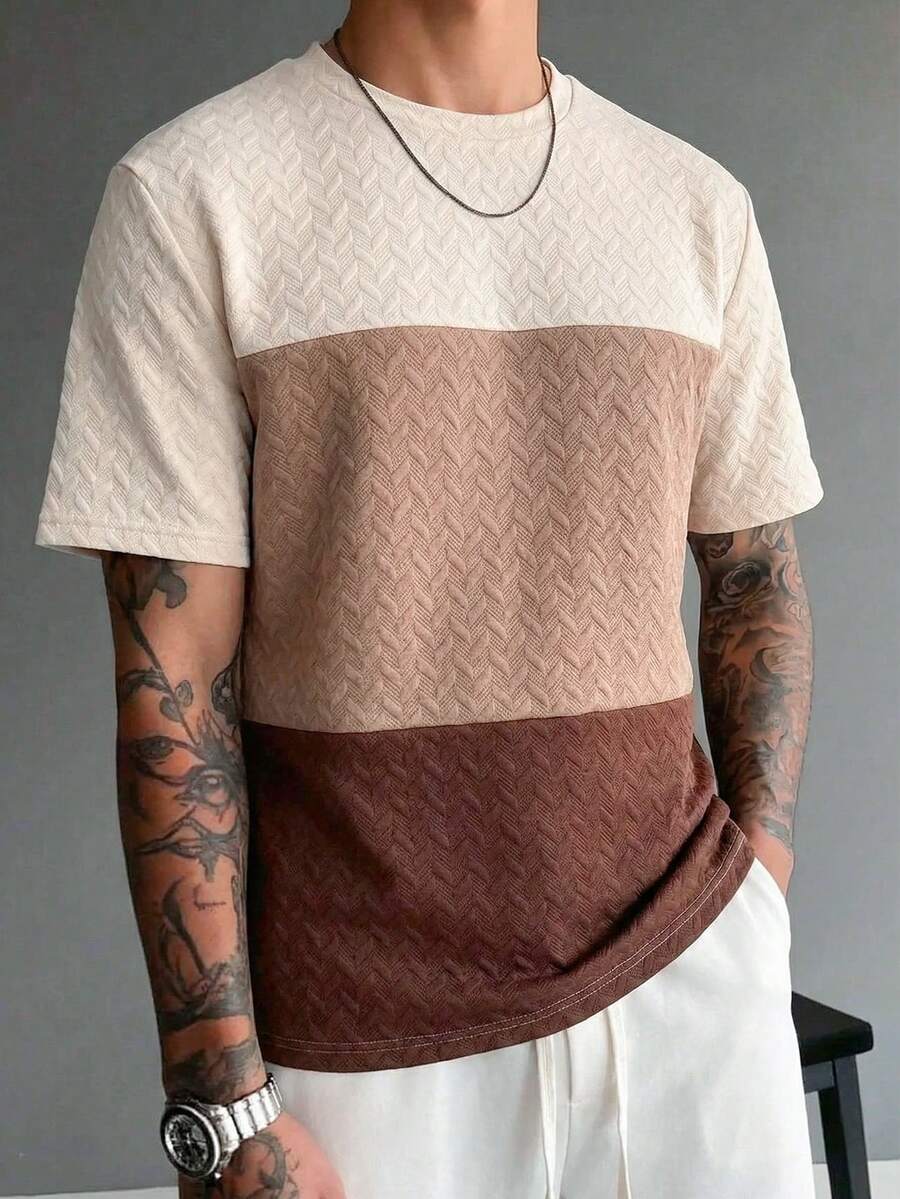Herren Patchwork Kontrast Farbiges T-Shirt, Lässiges leichtes Strick Textur Sommer T-Shirt - Verschiedenfarbig - Übersicht 1