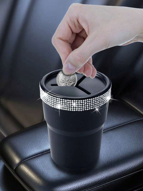 Fashion Simple Model Rhinestone Car Coin Storage Cup - Multi-Functional Storage Cup, Non-Slip Design, Easy To Store Loose Change, Practical And Convenient