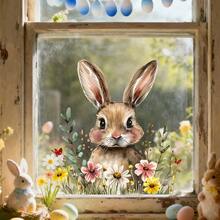 1pc Easter Static Window Cling Floral Bunny Head With Bow And Painted Eggs Design Glass Decoration Sticker Electrostatic No Glue Removable Waterproof PVC Double Sided Visual Decal For Home Kitchen Bedroom Spring Holiday Window Decor Adult Atmosphere - Multicolor - View 5