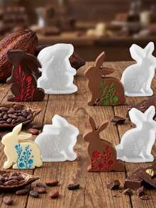1pc Silicone Flat Rabbit Chocolate Mold, Featuring A Relief Floral Pattern Design. It Is A Standing Rabbit-Shaped Small Cake Mold And Can Also Be Used As A Cartoon Rabbit-Shaped Soap Or Aromatherapy Mold. - White - View 3