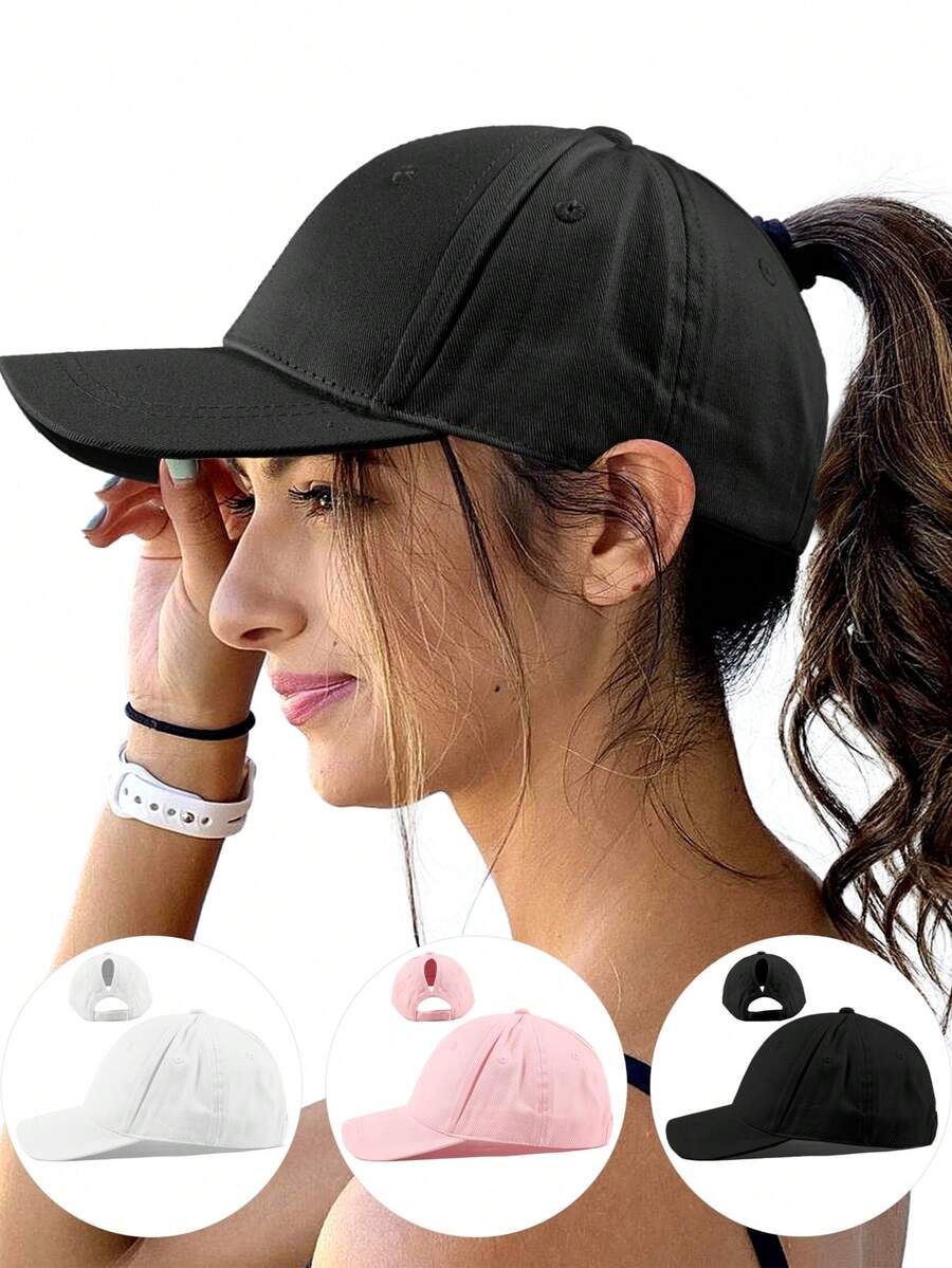 1pc Plain Solid Color Ponytail Baseball Cap For Women, Fashion Sports Visor Hat For Outdoor Sun Protection
