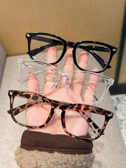3 pares de gafas de mujer con montura cuadrada de PC de unicolor para uso diario y casual, con estampado de leopardo neutro y lentes transparentes de estilo retro