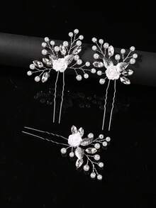 3pcs Bridal Hair Accessories Decorative Hairpins With Rhinestones & Pearl Flowers For Wedding - 63445 Multicolor - View 5