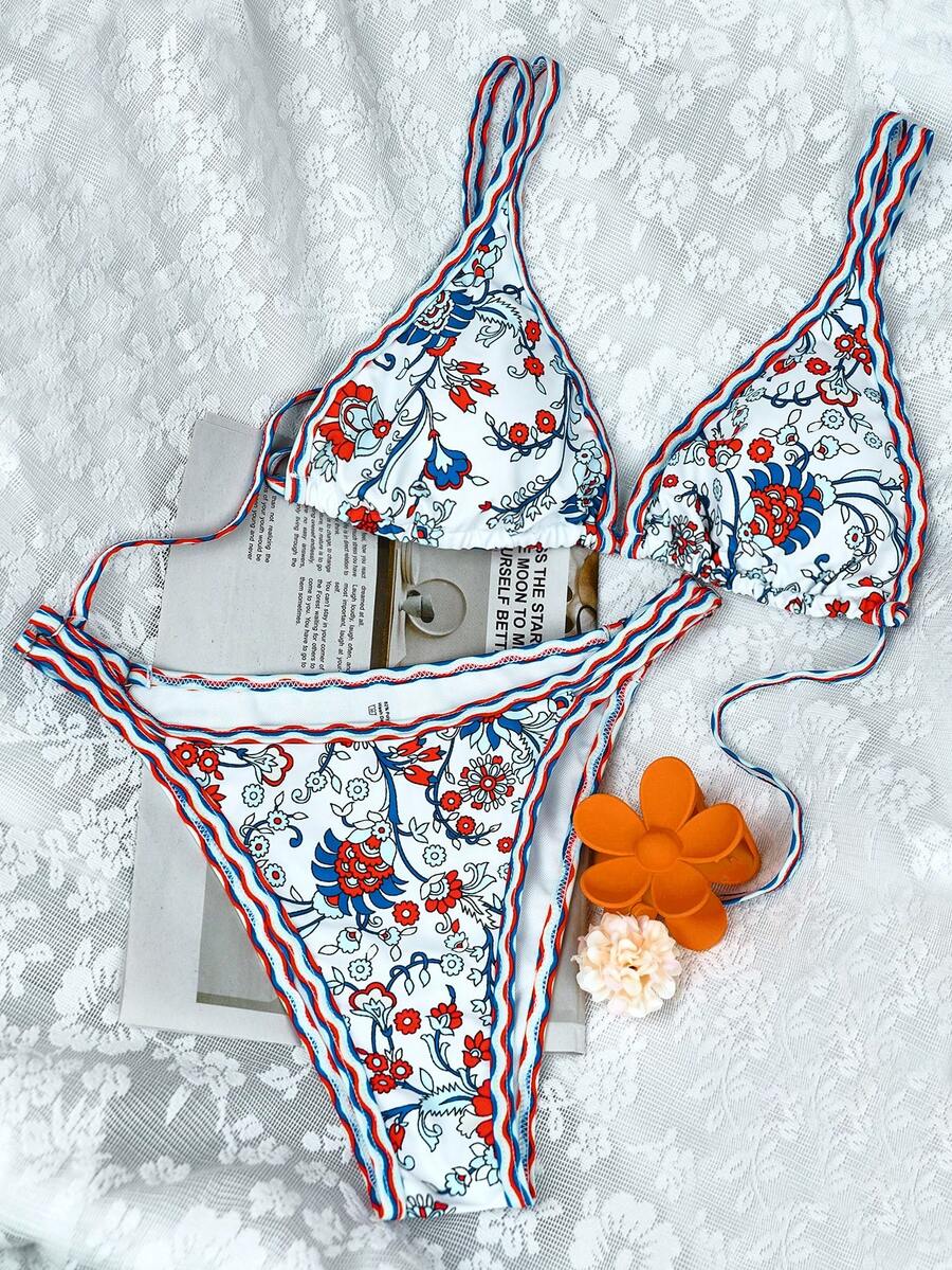 26SS Damen 2-teiliges Bikini-Set mit Blume Muster, gerüschter Neckholder-Ausschnitt & Kreuz-Rückendesign, geeignet für Strand, Pool-Party, Urlaub, Sommer - Verschiedenfarbig - Übersicht 1