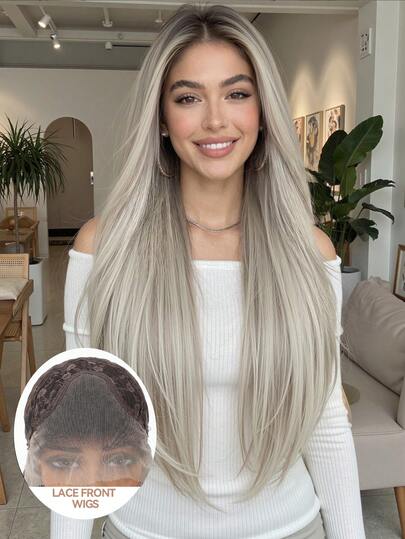 Gorgeous Silver Ash Blonde 13x4 HD Lace Front Wig Silky Straight Natural Hairline Heat-Resistant Synthetic Hair For Daily Elegant Style 30inch