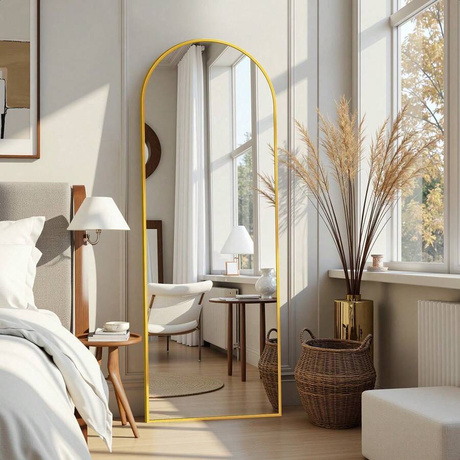 Full Length Mirror, 57"X19" Arch Floor Mirror, Floor Standing Mirror Freestanding Arch Full Body Mirror With Stand For Bedroom, Hanging Mounted Mirror For Living Room Cloakroom Home Decor Back To School Room Decor School Supplies - Vàng - Xem 1