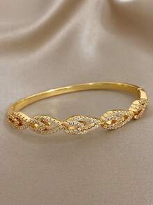 1Pc Luxury 18K Gold Plated Leaf Shape Bangle Bracelet, Full Crystal Pave Linked Design, Fashion Nature-Inspired Wrist Bracelet For Girl, Evening Party & Special Occasions, Chic Jewelry Gift For Birthday, Anniversary, Valentine's Day & Holidays - Multicolor - View 7