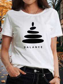 Women's Yoga Balance Stone And Letter Pattern T-Shirt - Casual Short Sleeve Top, Loose Fit Suitable For Yoga, Vacation, And Daily Wear, Machine Washable, Four Seasons Comfortable, Round Neck Design Durable Casual Wear, Machine Washable, Non-Transparent Fabric - White - View 2