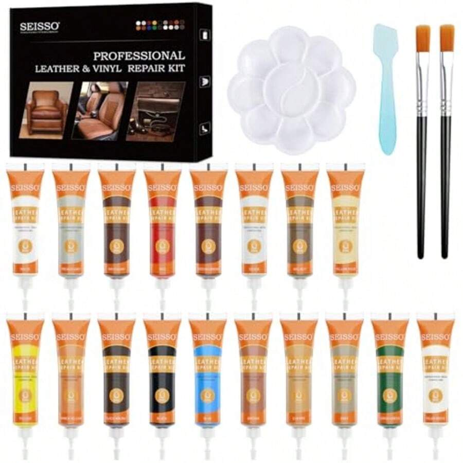 18 Colors Leather Repair Kit - For Furniture Car Seats Couches Sofa Shoes Boat, Leather Dye Filler Paint Restore Scratches Tears Holes, Purses, Jacket, Vinyl Repair Kit Bonded Leather Genuine Italian - 18 Colors - View 1