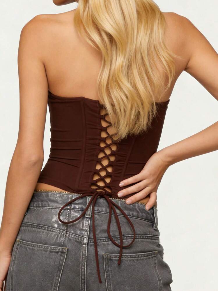 Women Tube Tops Sleeveless Strapless Rhinestone Decor Slim Fit Summer Crop Vest - Brown - View 7