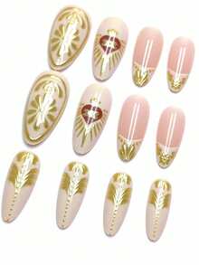 24pcs Minimalist Red Heart Gilded 3D Almond Shaped False Nails, Suitable For Valentine's Day, New Year, Birthday Party, Comes With Jelly Gel And Nail File - Gold - View 4