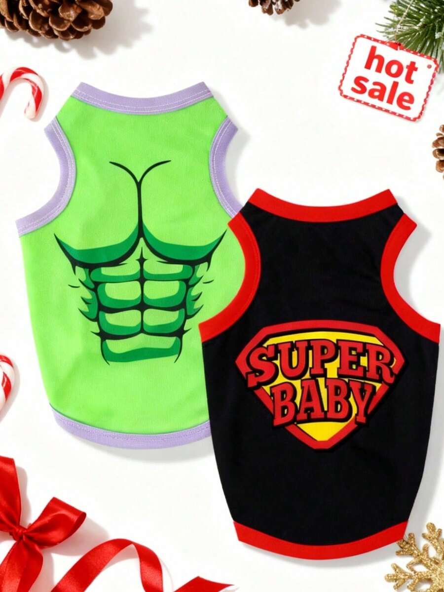 LUCKIE LABO 2件/套 肌肉印花透气背心套装，适用于猫狗，防跳蚤，减少掉毛，室内外均可使用 - 彩色 - 查看 1