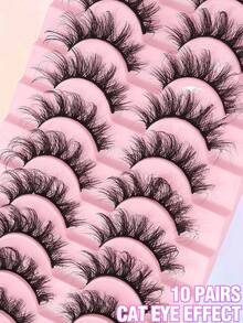 10对蓬松3D仿貂毛假睫毛，柔软浓密，猫眼造型，逼真自然，打造自然妆效，3D蓬松猫眼假睫毛，适合各种休闲场合，睫毛，睫毛嫁接，假睫毛