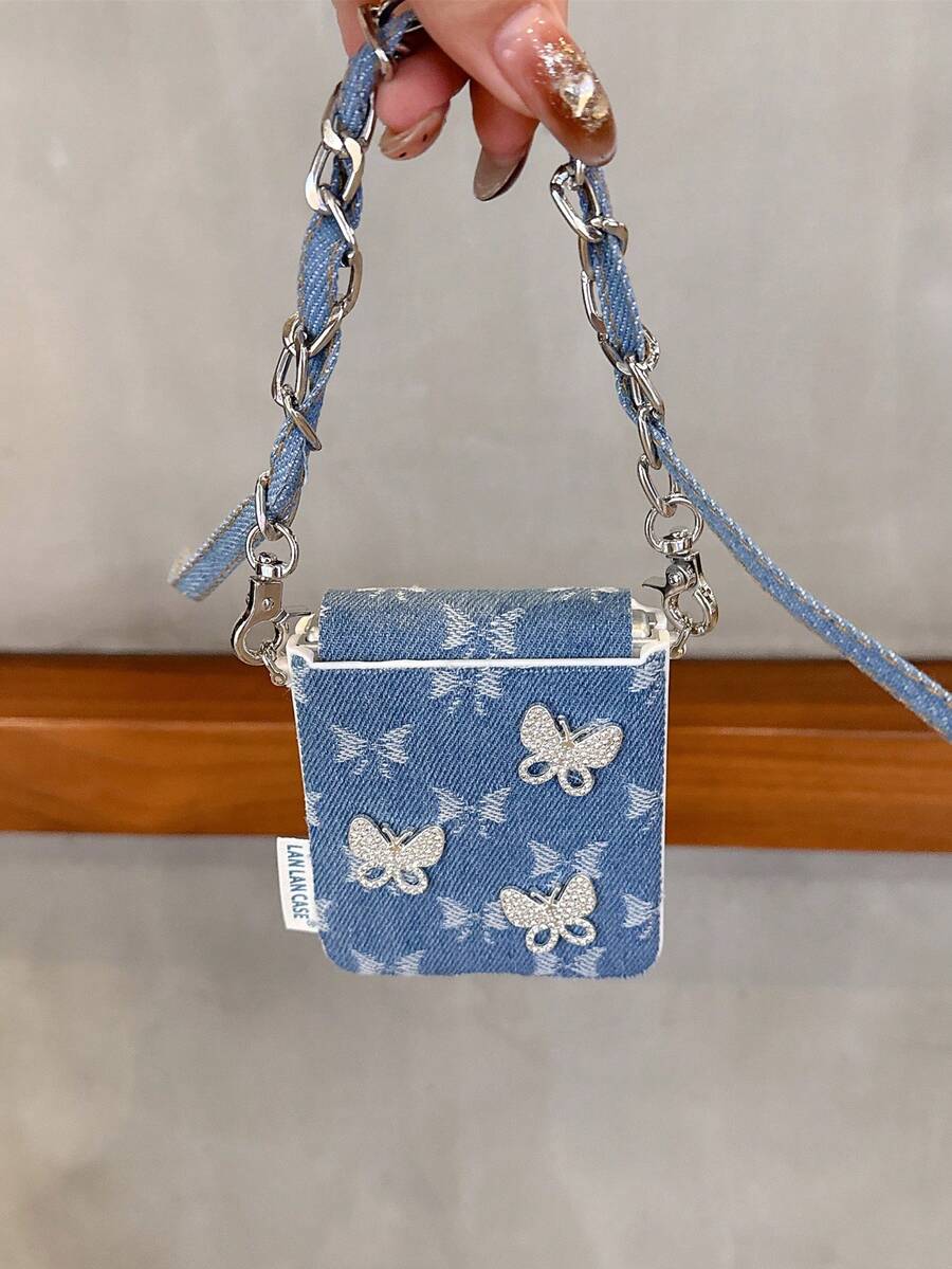 Women's Foldable Phone Case With Side Metal Buckle, Denim, 3 Rhinestones, Butterfly, Wrist Strap, Protective Cover, Fashionable Design, Suitable For Samsung Galaxy Z Flip7, Galaxy Z Flip7 FE, Galaxy Z Flip6, Galaxy Z Flip5 - Multicolor - View 1