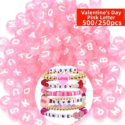 Yiwu Qiyou Accessories Co., LTD 7mm 500pcs/250pcs Transparent Pink Letter,Valentine's Day Colors, For Necklace Bracelet Jewelry, Beads & Bead Assortments