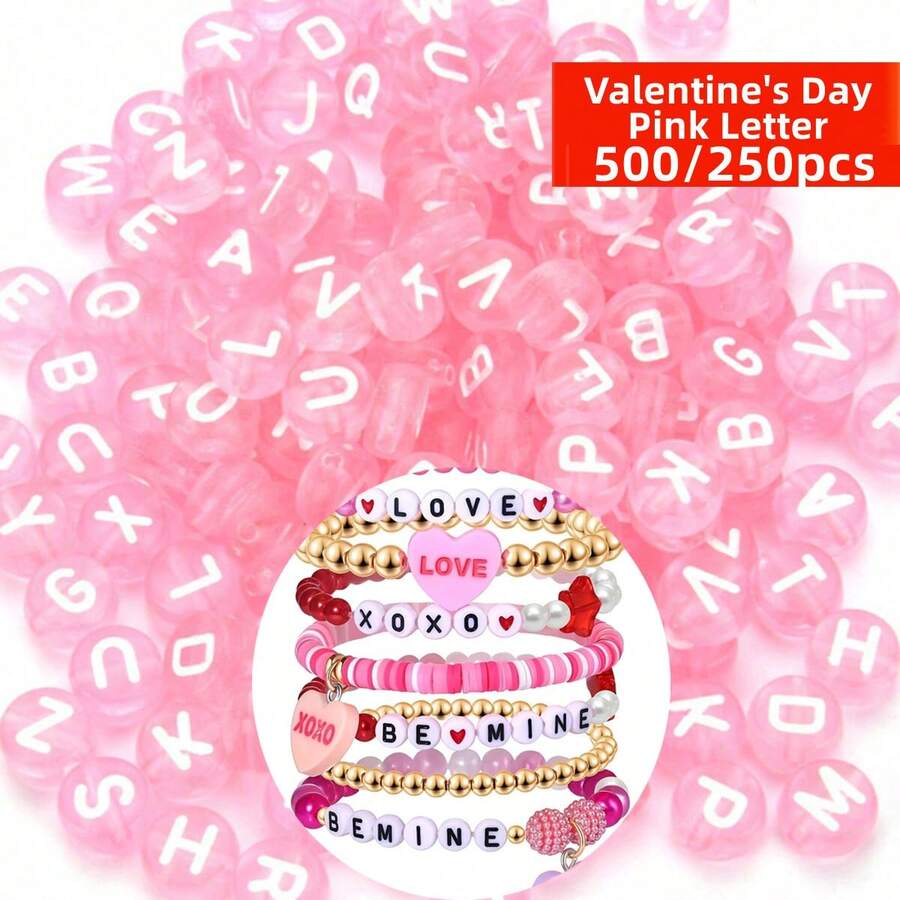 Yiwu Qiyou Accessories Co., LTD 7毫米 500颗/250颗 透明粉色字母，情人节配色，适用于项链、手链、珠宝、珠子及珠子组合