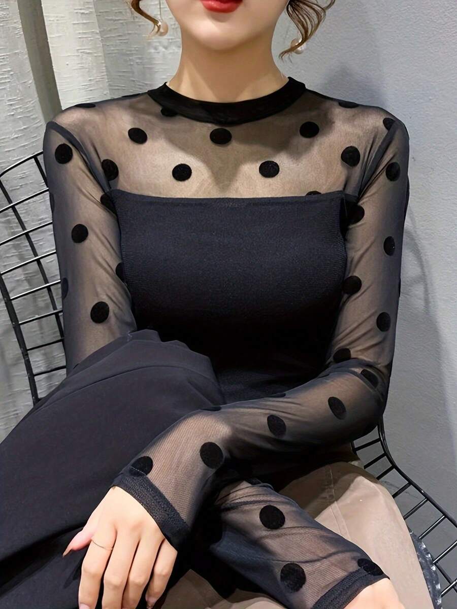 加大码蕾丝吊带背心 女士长袖性感打底衫 2025春秋新款植绒百搭外套T恤上衣 休闲黑色 - 黑色 - 查看 1