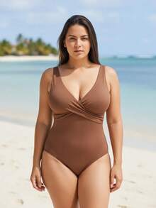 Maiô Praia e Piscina Plus Size Elegante Feminino Conforto e Estilo com Bojo Removível - Castanho - 8000 - Visão 8