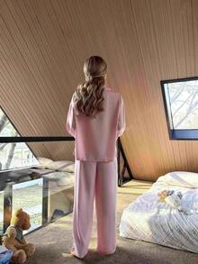 Nina Bonheur 2pcs Women Loose Comfortable Breathable Striped Long Sleeve Pajama Set - Pink - View 3