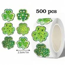 500 buc/rolă autocolante holografice cu trifoi, trifoi norocos verde cu sclipici asimetric de 2,5 cm, plic de Ziua Sfântului Patrick, revistă, husă de telefon, ceașcă, laptop, decor DIY pentru albume de scrapbooking, împachetare cadouri pentru petreceri, sigiliu autocolant din PVC - Multicolor - Vizualizare 1