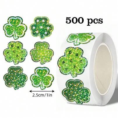 500 st/rulle holografiska klistermärken med klöver, 1 tum asymmetriska glittergrön lyckoklöver, kuvert för St. Patrick's Day, tidskrifter, telefonfodral, kopp, laptop, scrapbooking DIY-dekor, presentinslagning till högtider, PVC-klistermärkessigill