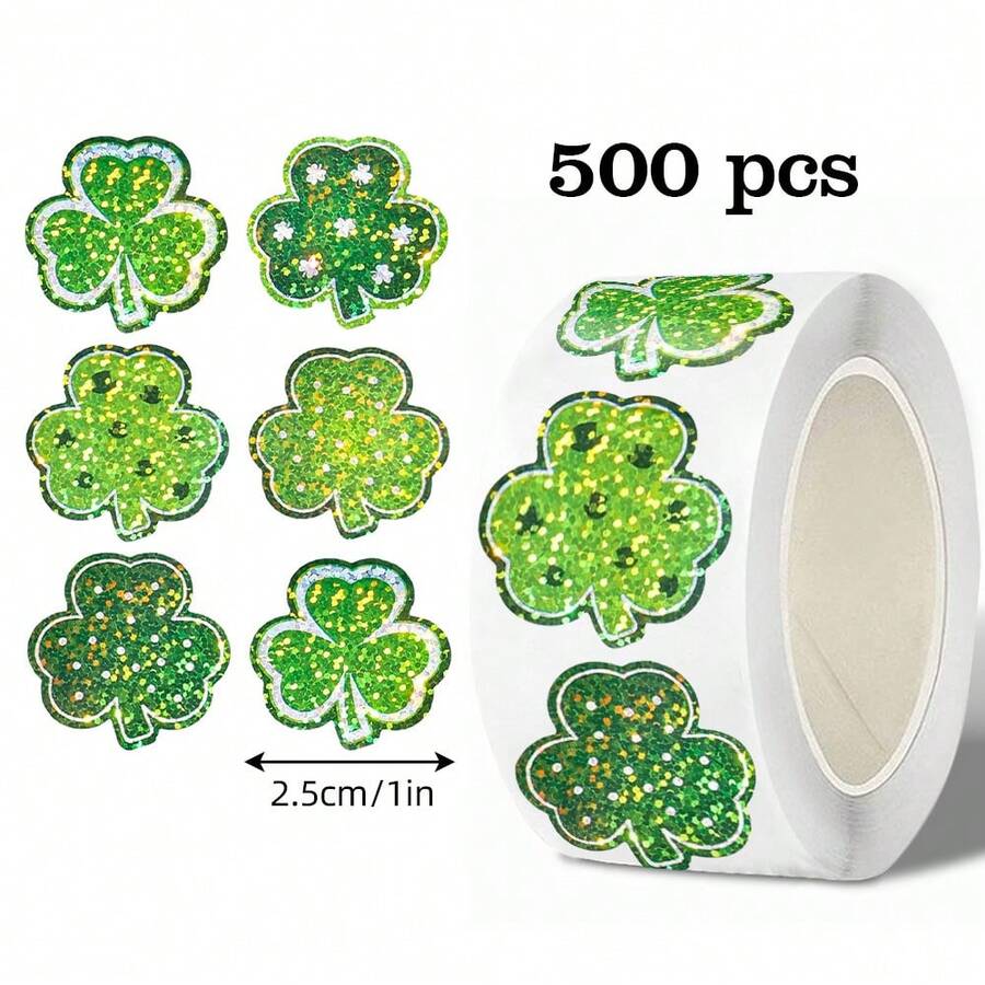 500 buc/rolă autocolante holografice cu trifoi, trifoi norocos verde cu sclipici asimetric de 2,5 cm, plic de Ziua Sfântului Patrick, revistă, husă de telefon, ceașcă, laptop, decor DIY pentru albume de scrapbooking, împachetare cadouri pentru petreceri, sigiliu autocolant din PVC - Multicolor - Vizualizare 1