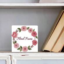 White Decorative Wooden Box With Circular Pink Rose Wreath & 'Floral Frame' Cursive Text - Elegant Soft Pink & Green Floral Theme Storage/Decor Block, Subtle 3D Shadow Design - White - View 2