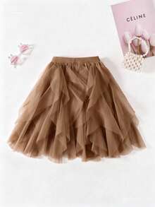 1pc Women's Asymmetrical Layered Ruffle Mesh Puff Mini Skirt Spring - Coffee Brown - View 2
