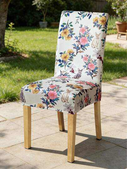 1pc Digital Printed Milk Silk High Back Chair Cover, Floral, Rabbit, Stretch Dustproof Slipcover, Removable & Washable, Suitable For Living Room, Dining Room, Bedroom, Study