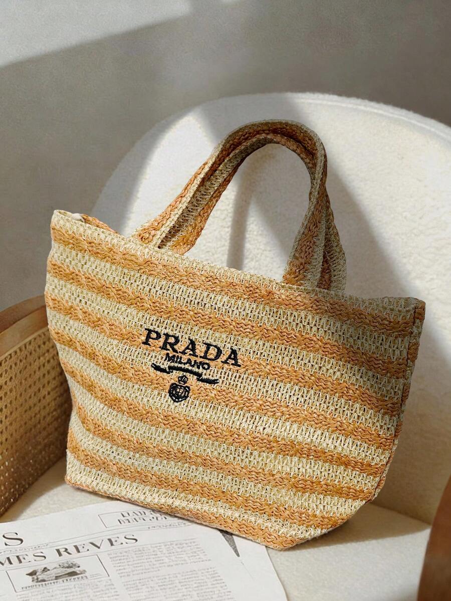 Prada Materiel Straw Bag, Woven Bag, Brown Stripe, Large Capacity, Tote Bag, Shoulder Bag - Brown - View 1