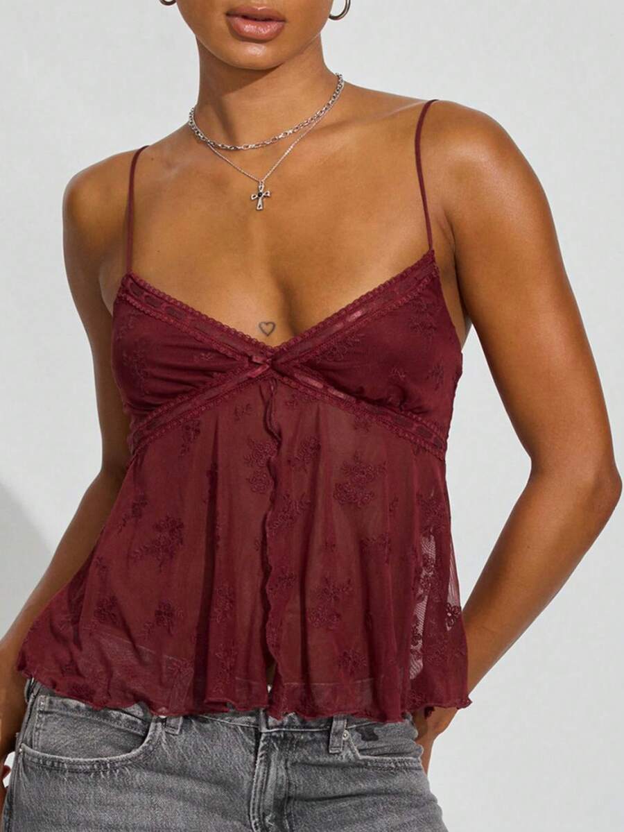 Women Lace Trim Cami Tops Sleeveless V Neck Floral Embroidery Mesh Tank Crop Tops  Mesh See Through Spaghetti Strap Slim Fit Camisole Summer Spring Going Out Tops Beachwear Casual Party Club Streetwear - 酒紅色 - 查看 1