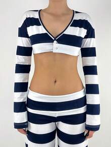 Women's Y2k Striped Button Down Crop Tops Deep V Neck Long Sleeve T Shirts Teen Girls Going Out Tops Club Streetwear - 黑色 - 查看 3