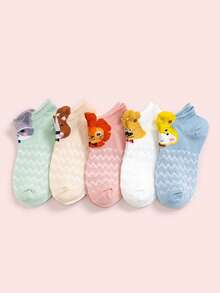 5 Pairs Kids Cute Cartoon Animal Head Mesh Thin Ankle Socks, Spring/Summer - Multicolor - View 10
