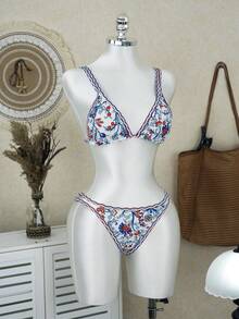 26SS Damen 2-teiliges Bikini-Set mit Blume Muster, gerüschter Neckholder-Ausschnitt & Kreuz-Rückendesign, geeignet für Strand, Pool-Party, Urlaub, Sommer - Verschiedenfarbig - Übersicht 5