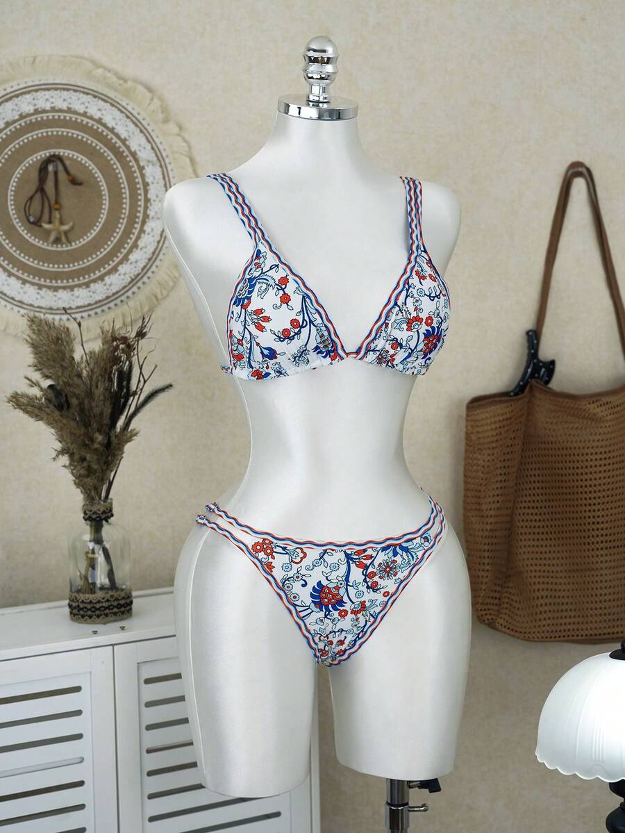 Bộ bikini 2 mảnh in hoa dành cho nữ 26SS, thiết kế cổ yếm xếp nếp và lưng chéo, thích hợp cho bãi biển, tiệc bể bơi, kỳ nghỉ hè. - Nhiều màu - Xem 1