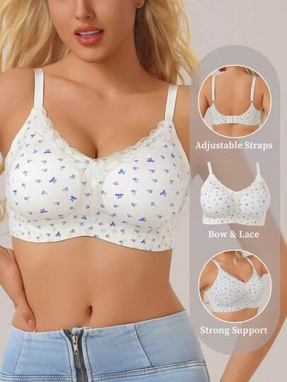 Women's Seamless Floral Lace Splicing Wireless Bra, Romantic & Sexy, Padded Bra