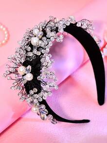 1pc Handmade Crystal Flower Headband, Elegant Pearl Wide-Banded Headpiece Suitable For Brides, Weddings, Celebrations, Gifts, Dates, Casual Wear - Black - View 7