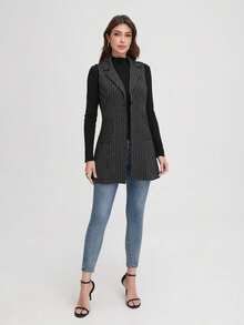 1pc Striped Knit Fabric Sleeveless Jacket With Pockets, Suitable For Everyday Wear In Spring, Summer, And Autumn - Black - View 3