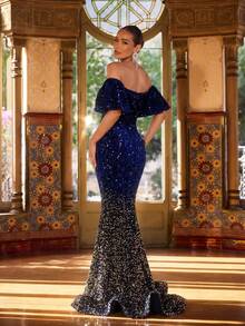 Faeriesty Elegant Navy To Gold Ombre Off-Shoulder Puff Sleeve Maxi Party Dress, Suitable For Women | High Slit Fishtail Hem, Gradient Sequin Fabric, Suitable For New Year's Eve, Valentine's Day, Formal Parties, Galas And Celebrations - Royal Blue - View 2