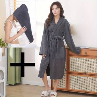 Soft Absorbent Hair Drying Cap, Solid Color With Trim Luxury Soft Absorbent Bath Robe & Shower Cap Set, Warm & Comfortable For Bathing, Swimming, Bathroom, Pool, All Seasons, Great Gift