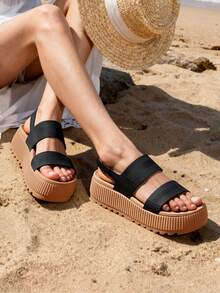 Women's Waterproof 1.69inch Platform Water Sandals Adjustable Casual Lightweight Wedge Chunky Sandals For Beach Vacation Summer Black Shoes - 黑色/PU - 查看 3