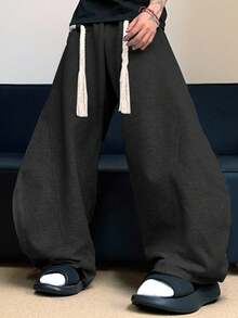 Pantalones casuales sueltos de pierna ancha con cordón grueso de color gris para hombres - Negro - Ver 2