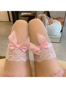 1 Pair Pink Long Stockings Popular Royal Sister Skin Translucent Black Silk Thin Lace Lace Butterfly Over The Knee Stockings - 粉色 - 查看 8