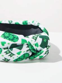 1pc Green St. Patrick's Day Holiday Headband, Simple & Versatile Four-Leaf Clover Green Hat Print Fabric Knotted Wide-Brimmed Irish Holiday Essential Headpiece, Creative & Stylish Holiday Hair Accessory ,Hair Band ,Diadema ,Hair Hoop - Hat - View 3