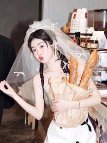 1件轻盈珍珠蝴蝶结单层教堂式新娘头纱，适合女士派对、短款珍珠头纱、简约订婚装饰头纱、婚礼头纱、角色扮演头纱、主题派对头纱、求婚头纱，便携易带 - 白色 - 查看 8
