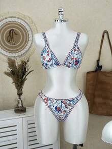 26SS Damen 2-teiliges Bikini-Set mit Blume Muster, gerüschter Neckholder-Ausschnitt & Kreuz-Rückendesign, geeignet für Strand, Pool-Party, Urlaub, Sommer - Verschiedenfarbig - Übersicht 3