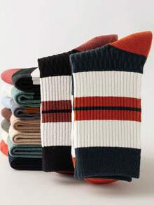 5 Pairs Men's Simple Colorblock Striped Mid-Calf Socks, Spring/Autumn - Multicolor - View 3