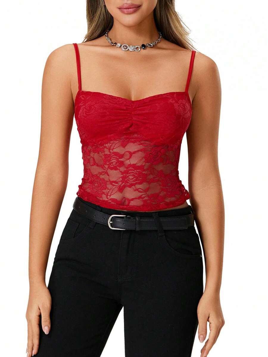 Women's Summer Lace Cami Tops Sleeveless Ruched Front Solid Color Camisole Slim Fit Tank Tops - Đỏ - Xem 1