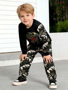 2pcs/Set Boys Camo Dinosaur Print Crew Neck Long Sleeve Sweatshirt And Camo Drawstring Pants Outfit, Fashionable Outdoor Sports Suit For Spring/Autumn - Black - View 4